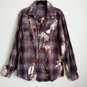 Bleached Flannel Burgundy Plaid Button Button Down Long Sleeve Size Medium